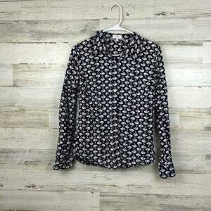 Crown & Ivy Womens small navy blue swan long sleeve button up blouse top